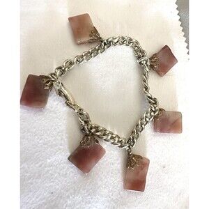 Vintage German Charm Bracelet Pink Banded Agate Art Glass Mid Century Modern